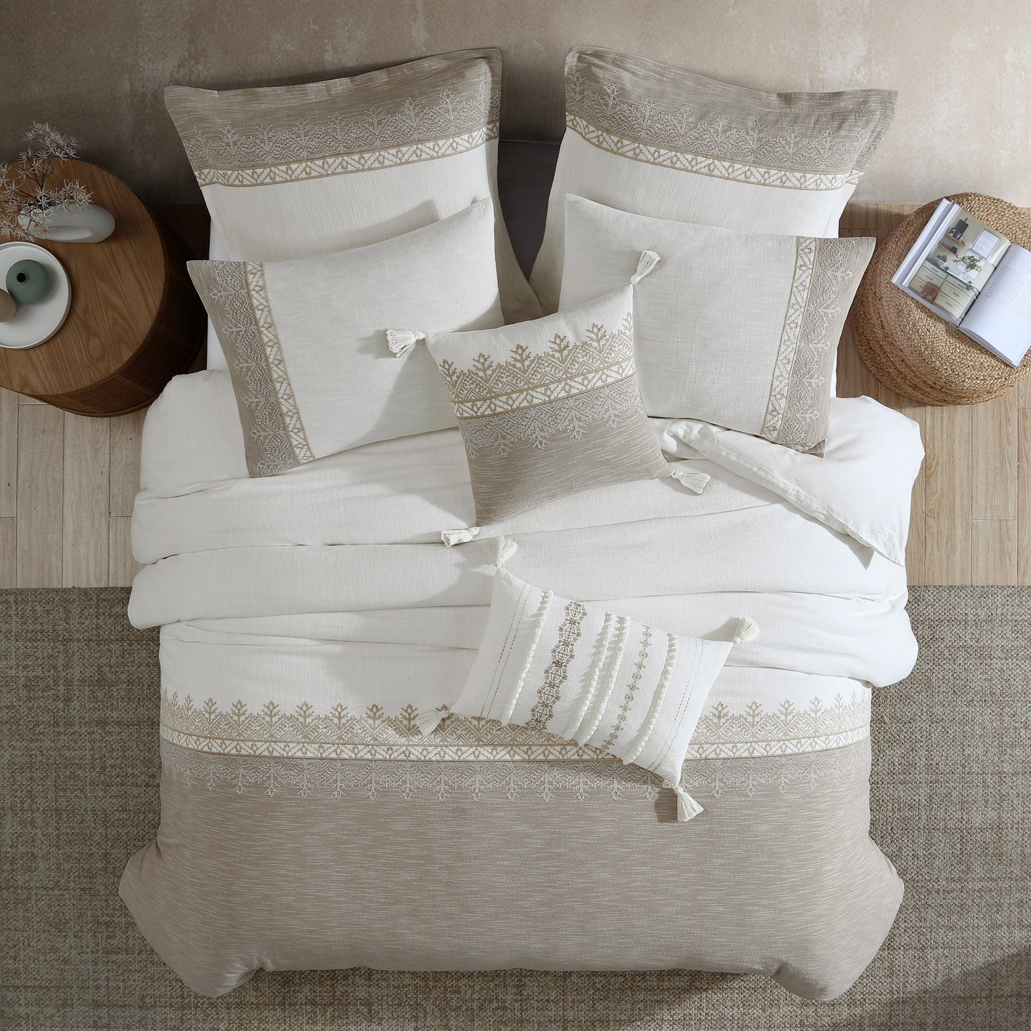 Tan And White Textured Jacquard Comforter Set