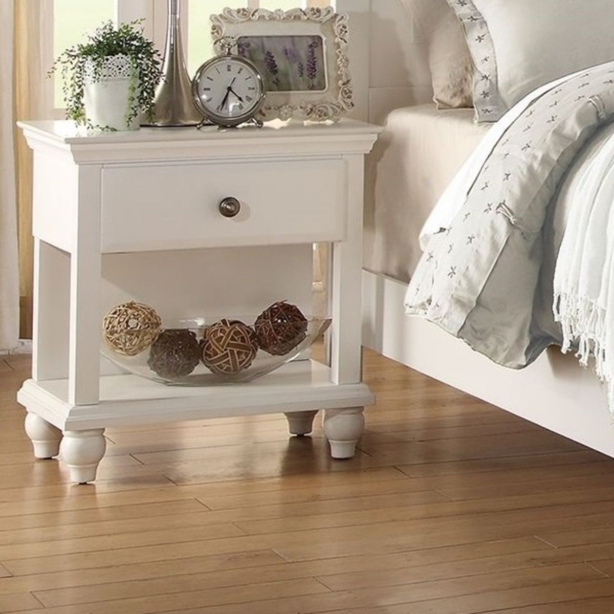 White nightstand from HouseOfZazla 3 Piece Bedroom Set; single drawer, lower shelf, turned legs on Tampa Home & Garden Store