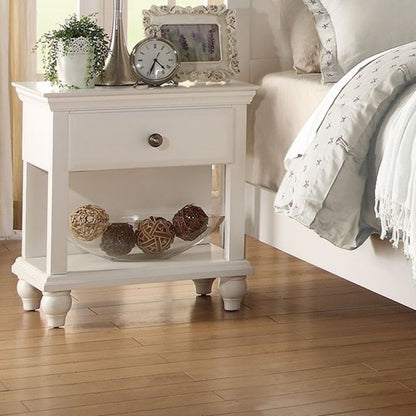 White nightstand from HouseOfZazla 3 Piece Bedroom Set; single drawer, lower shelf, turned legs on Tampa Home & Garden Store