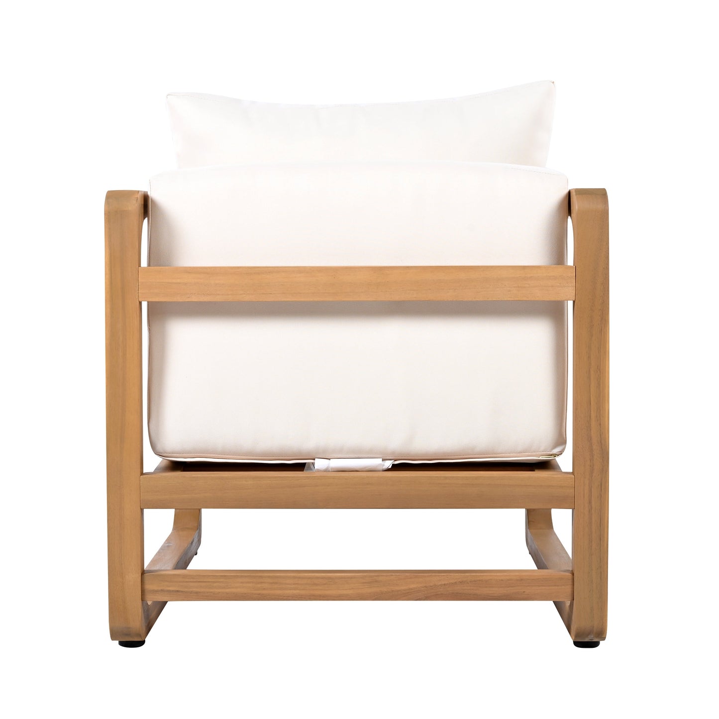 Acacia wood outdoor club chair with white cushion and wooden armrests on Tampa Home & Garden Store