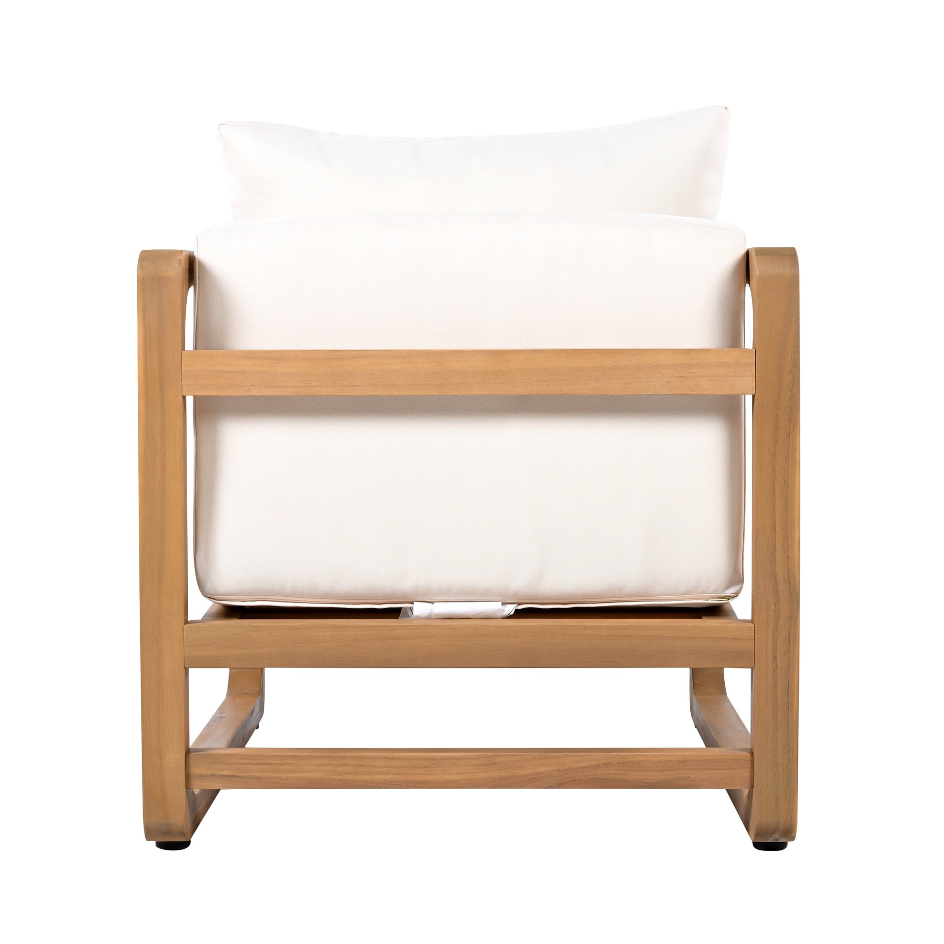 Acacia wood outdoor club chair with white cushion and wooden armrests on Tampa Home & Garden Store