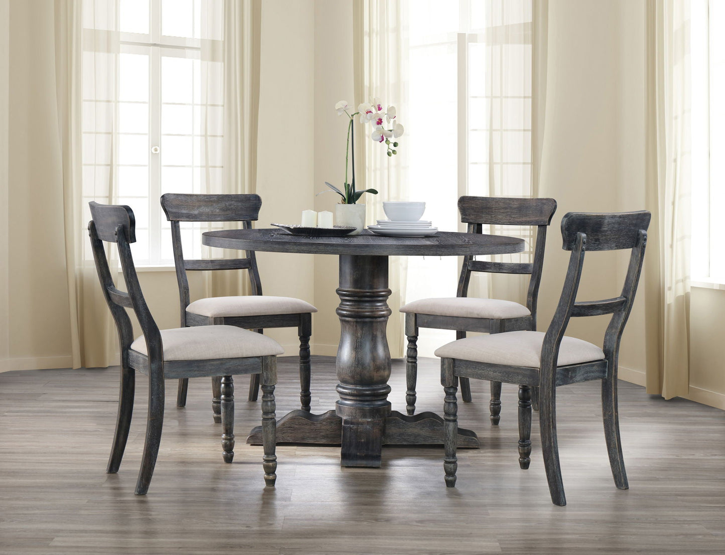 Leventis Weathered Dining Table Gray with dark distressed wood, round pedestal base on Tampa Home & Garden Store
