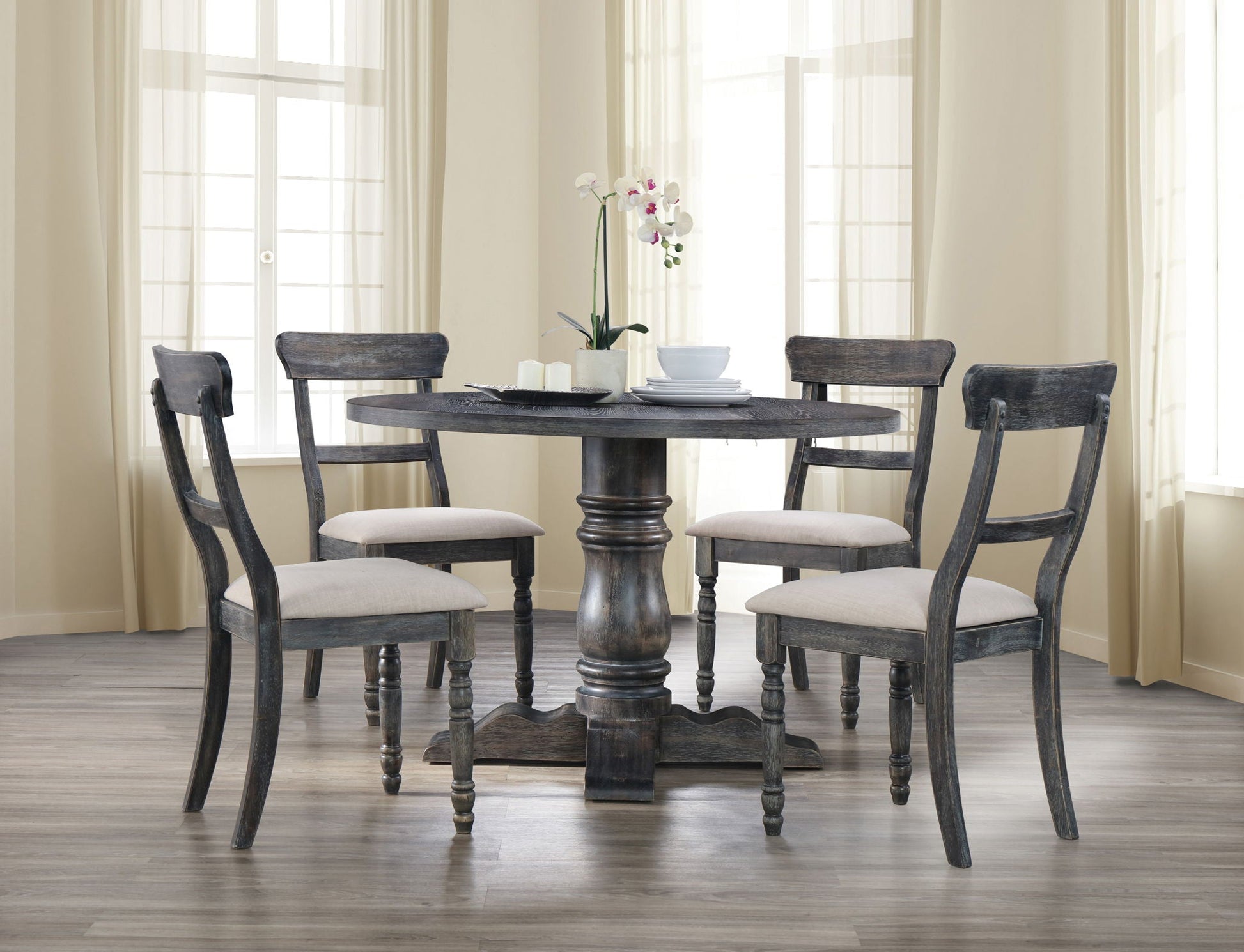 Leventis Weathered Dining Table Gray with dark distressed wood, round pedestal base on Tampa Home & Garden Store