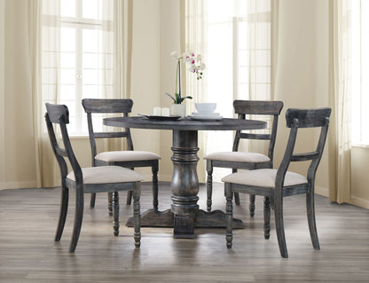 Leventis Weathered Dining Table Gray with dark distressed wood, round pedestal base on Tampa Home & Garden Store