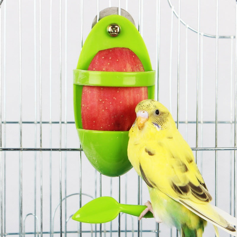 Parrot food rack green plastic feeder with apple slice and budgie on cage on Tampa Home & Garden Store