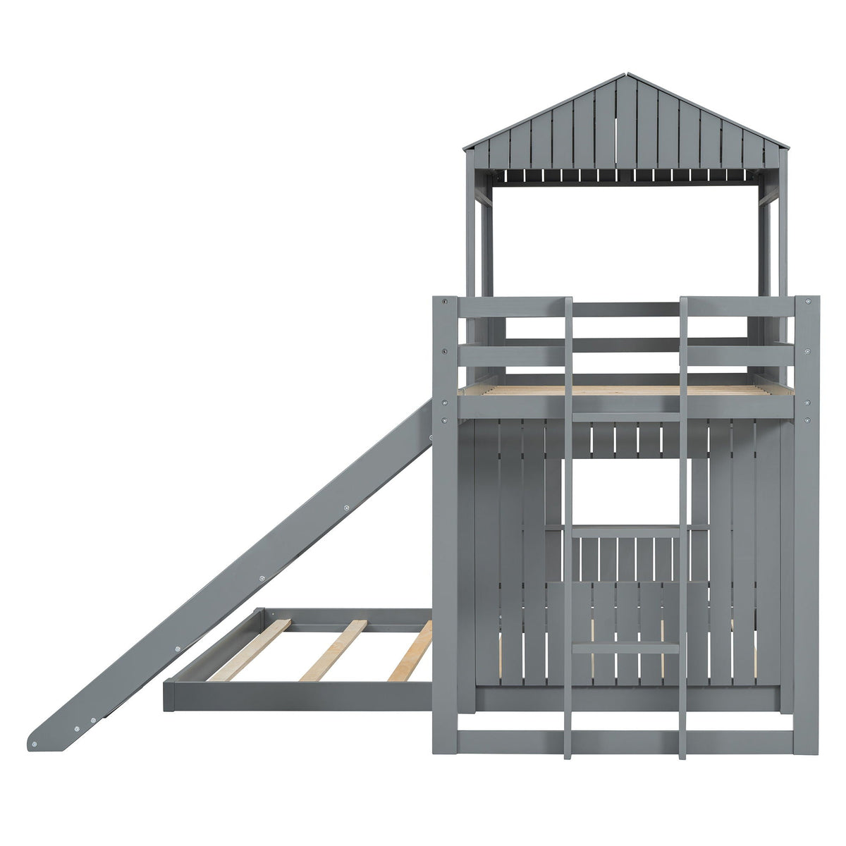 Loft bunk bed with playhouse, farmhouse style, grey finish, ladder and guardrails on Tampa Home & Garden Store