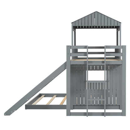 Loft bunk bed with playhouse, farmhouse style, grey finish, ladder and guardrails on Tampa Home & Garden Store