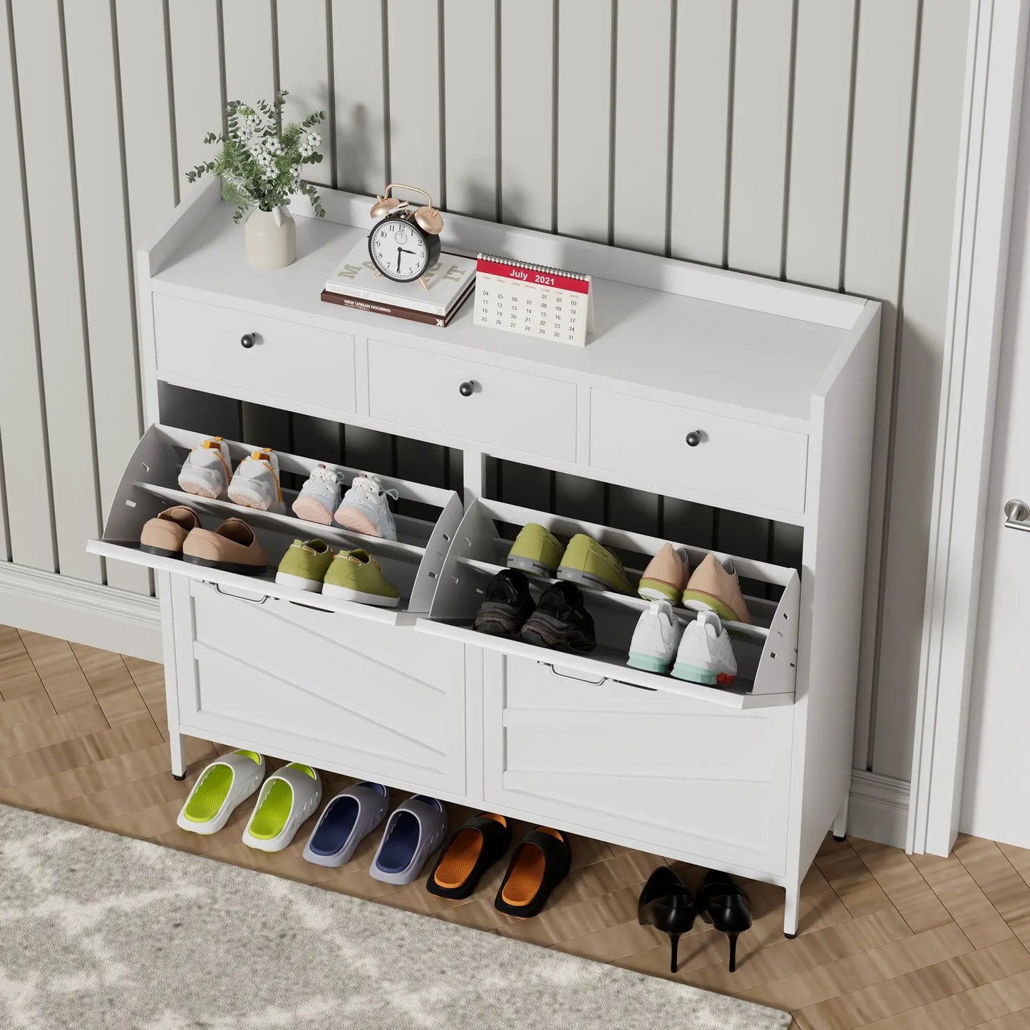 Shoe Cabinet With Flip Drawers and Hidden Storage