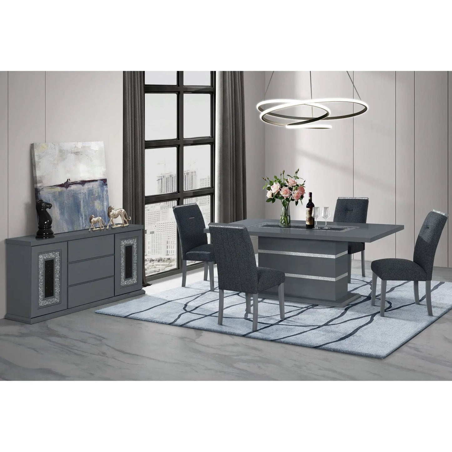 Ariya - Stylish Design Dining Chair set in dark gray fabric around a modern gray dining table, six chairs on Tampa Home & Garden Store
