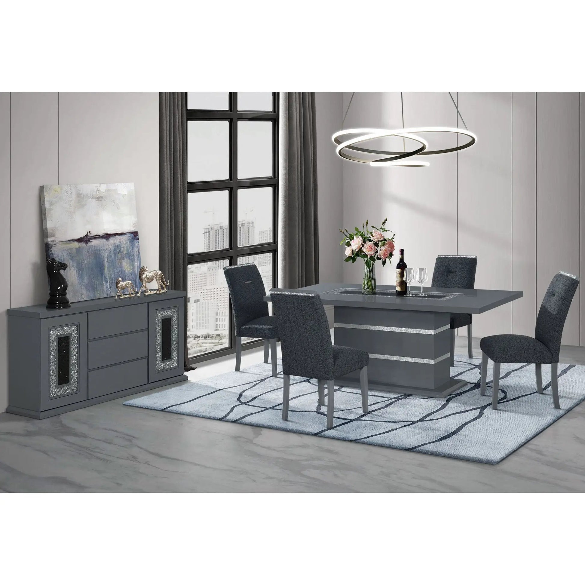 Ariya - Stylish Design Dining Chair set in dark gray fabric around a modern gray dining table, six chairs on Tampa Home & Garden Store