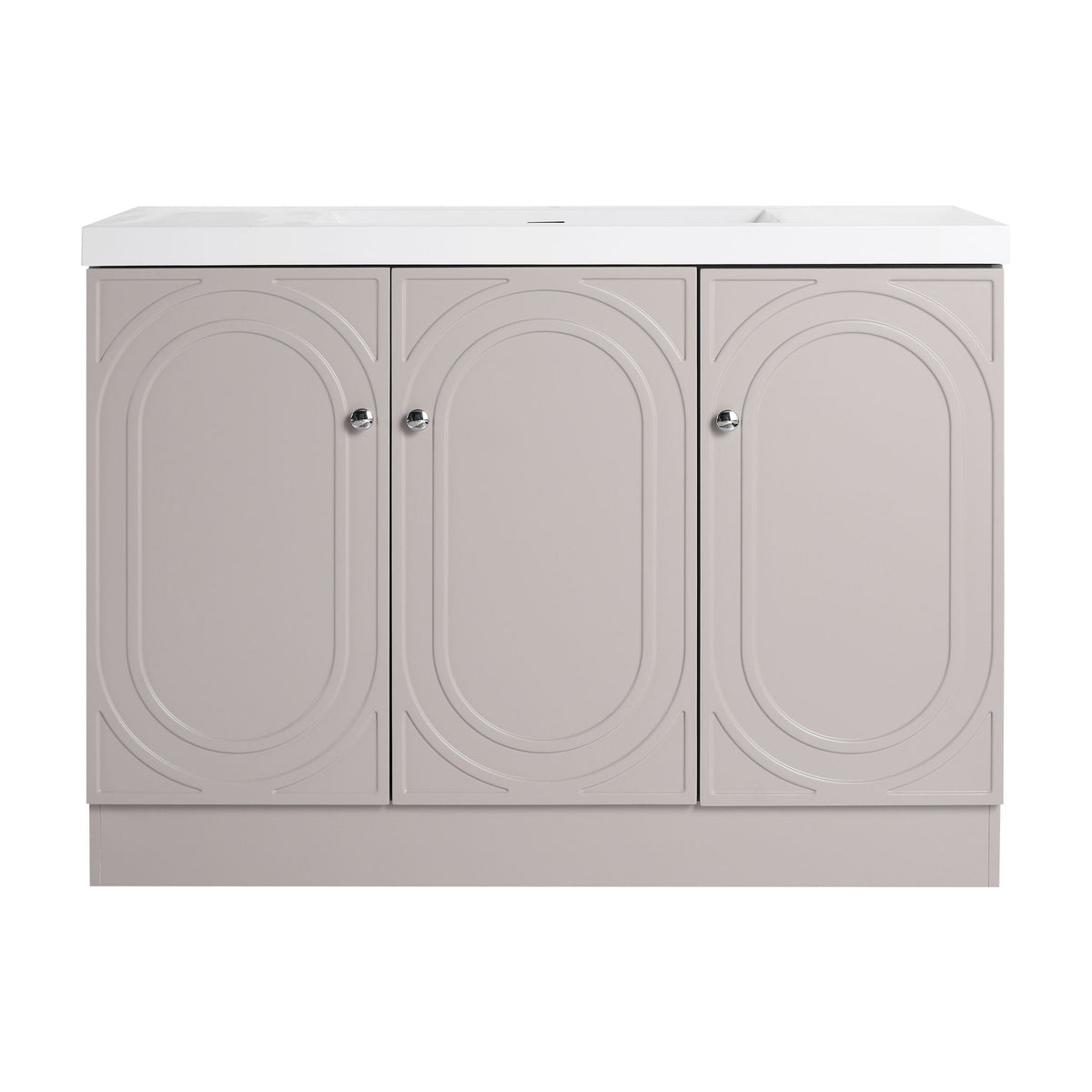Freestanding vanity with resin sink; beige doors with curved panels, chrome knobs on Tampa Home & Garden Store