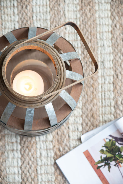 Wooden lantern with metal bands and a handle, lit candle interior, HouseOfZazla Lanterns on Tampa Home & Garden Store