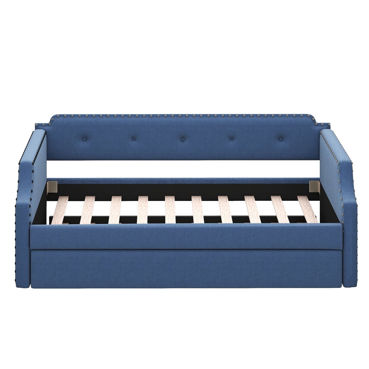 Upholstered Daybed With Trundle in blue fabric, tufted back, nailhead trim HouseOfZazla on Tampa Home & Garden Store