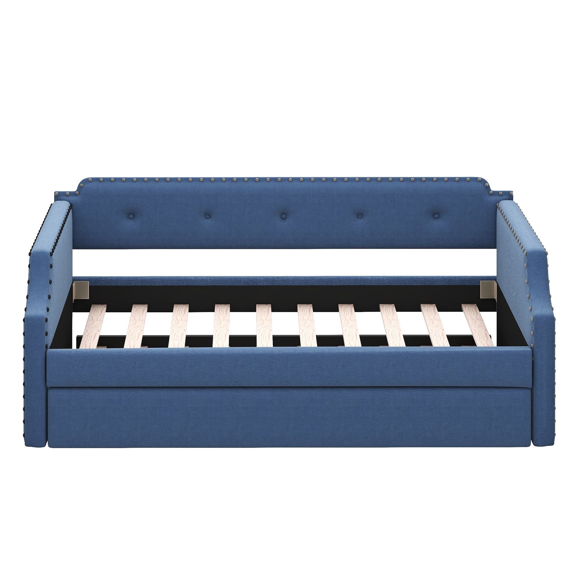 Upholstered Daybed With Trundle in blue fabric, tufted back, nailhead trim HouseOfZazla on Tampa Home & Garden Store
