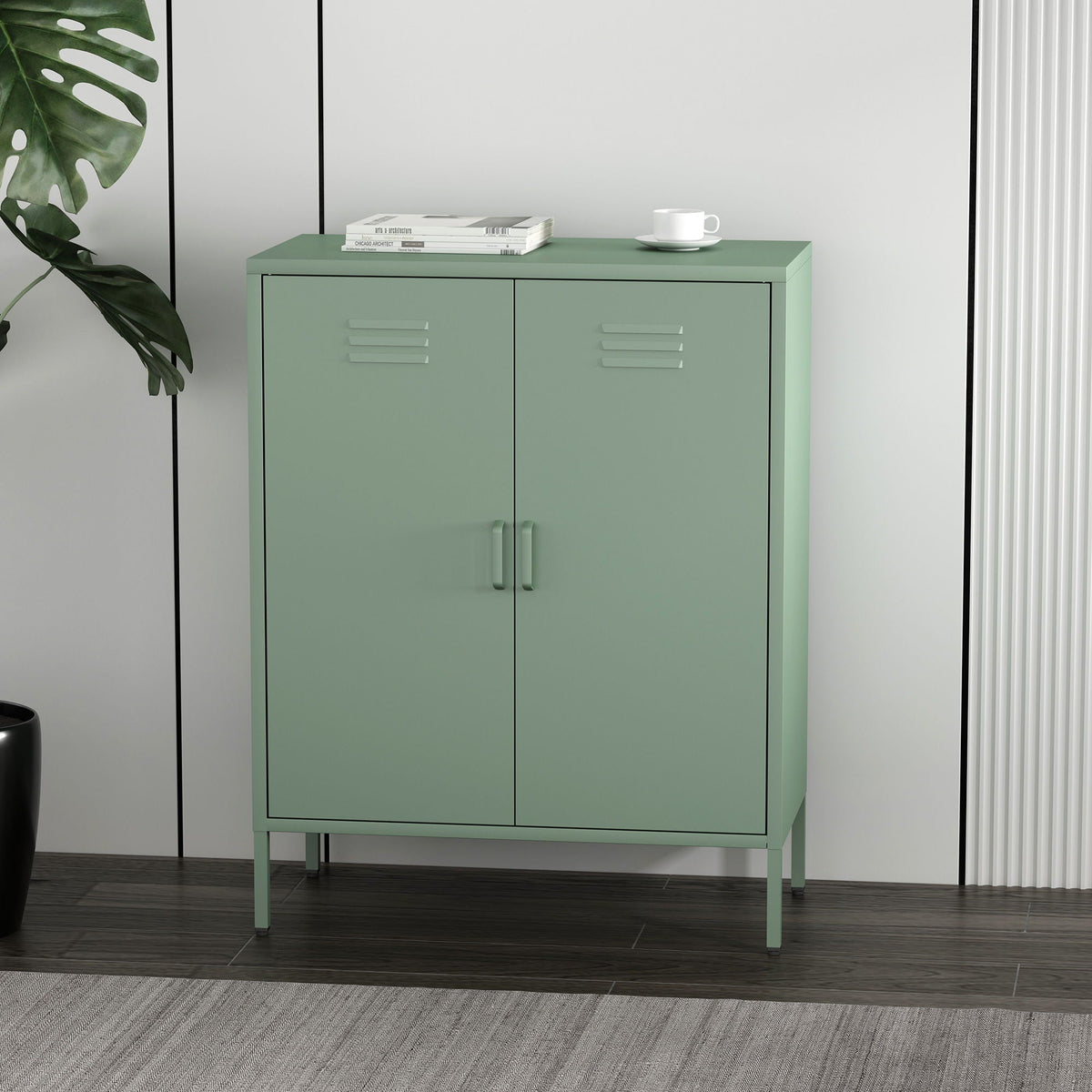 Accent cabinet with adjustable shelves in green steel finish, two-door storage on Tampa Home & Garden Store