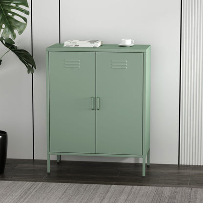 Accent cabinet with adjustable shelves in green steel finish, two-door storage on Tampa Home & Garden Store