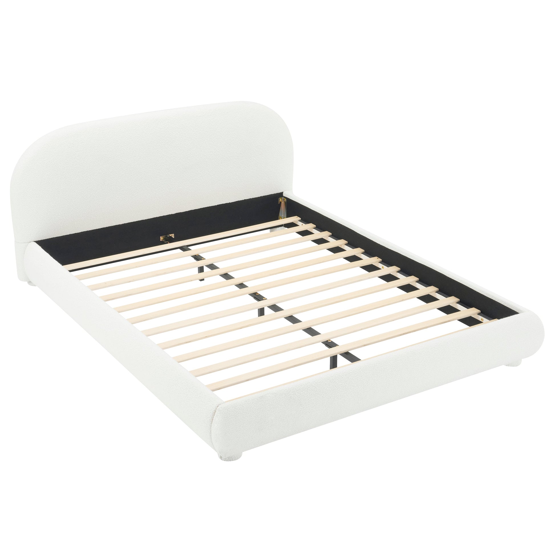 Cream fabric upholstered bed frame with curved headboard and wood slats, Queen by HouseOfZazla on Tampa Home & Garden Store