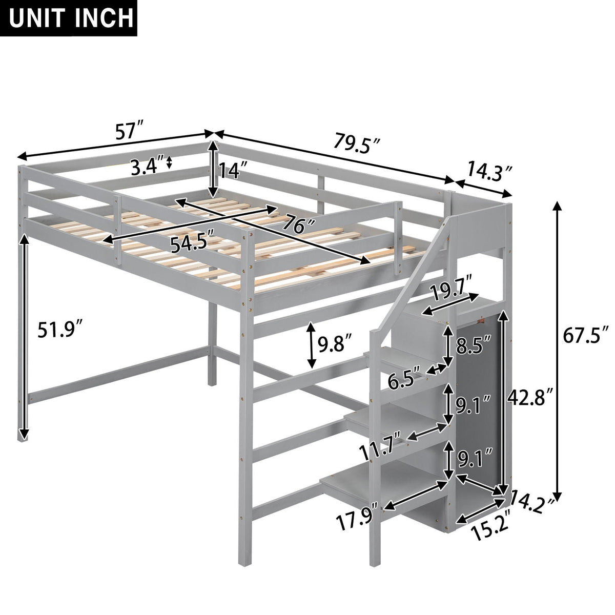 Loft bed with built-in storage wardrobe and staircase in gray by HouseOfZazla on Tampa Home & Garden Store
