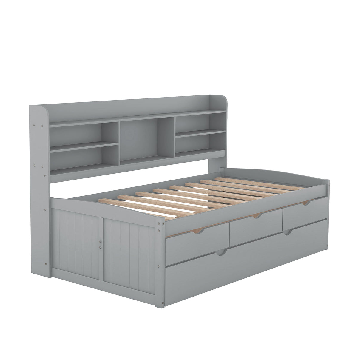 Captain Bed with Built-In Bookshelves, Trundle & 3 Storage Drawers in grey HouseOfZazla on Tampa Home & Garden Store