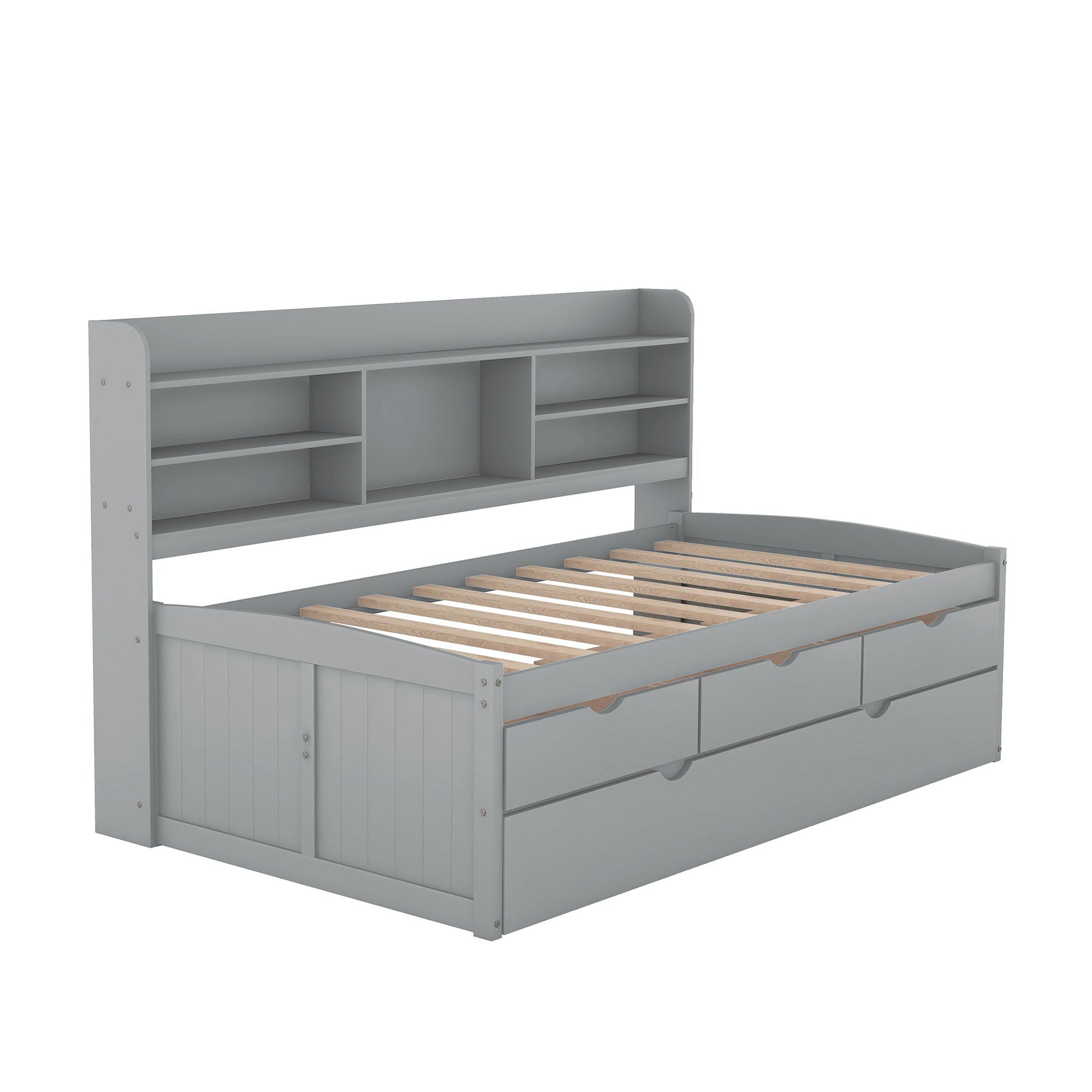 Captain Bed with Built-In Bookshelves, Trundle & 3 Storage Drawers in grey HouseOfZazla on Tampa Home & Garden Store
