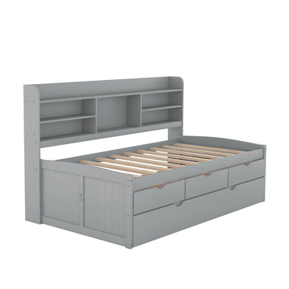 Captain Bed with Built-In Bookshelves, Trundle & 3 Storage Drawers in grey HouseOfZazla on Tampa Home & Garden Store