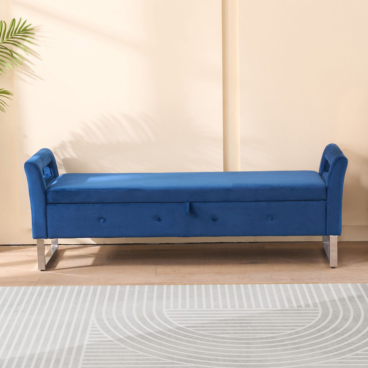 Wide Storage Ottoman Bench with Armrests in blue fabric, tufted front, metal legs on Tampa Home & Garden Store
