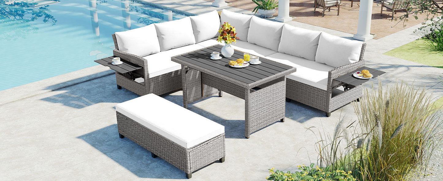 Tomax 5-Piece Outdoor Patio Rattan Sofa Set by HouseOfZazla, gray wicker with white cushions on Tampa Home & Garden Store