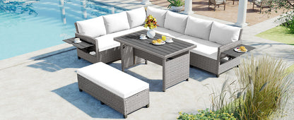 Tomax 5-Piece Outdoor Patio Rattan Sofa Set by HouseOfZazla, gray wicker with white cushions on Tampa Home & Garden Store