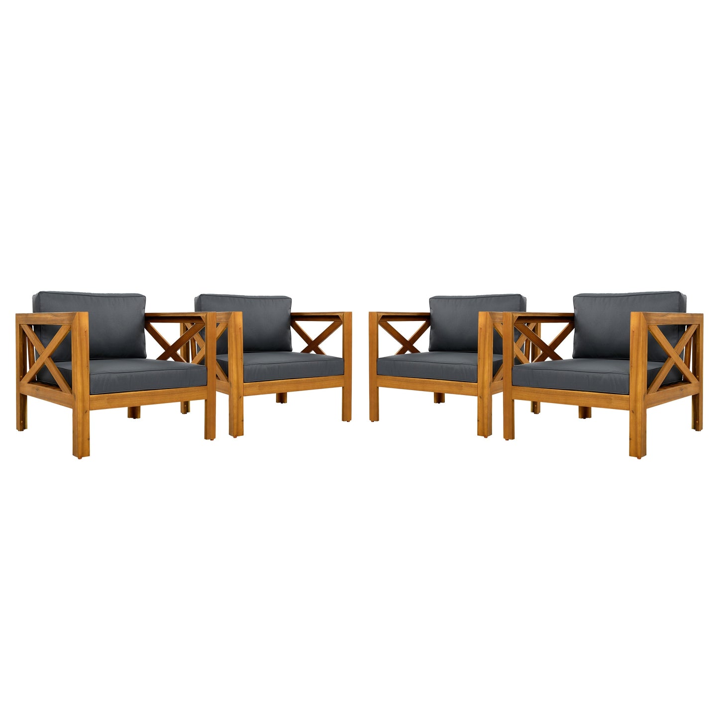 Patio conversation set with six cushioned grey outdoor club chairs and a foldable acacia wood table on Tampa Home & Garden Store