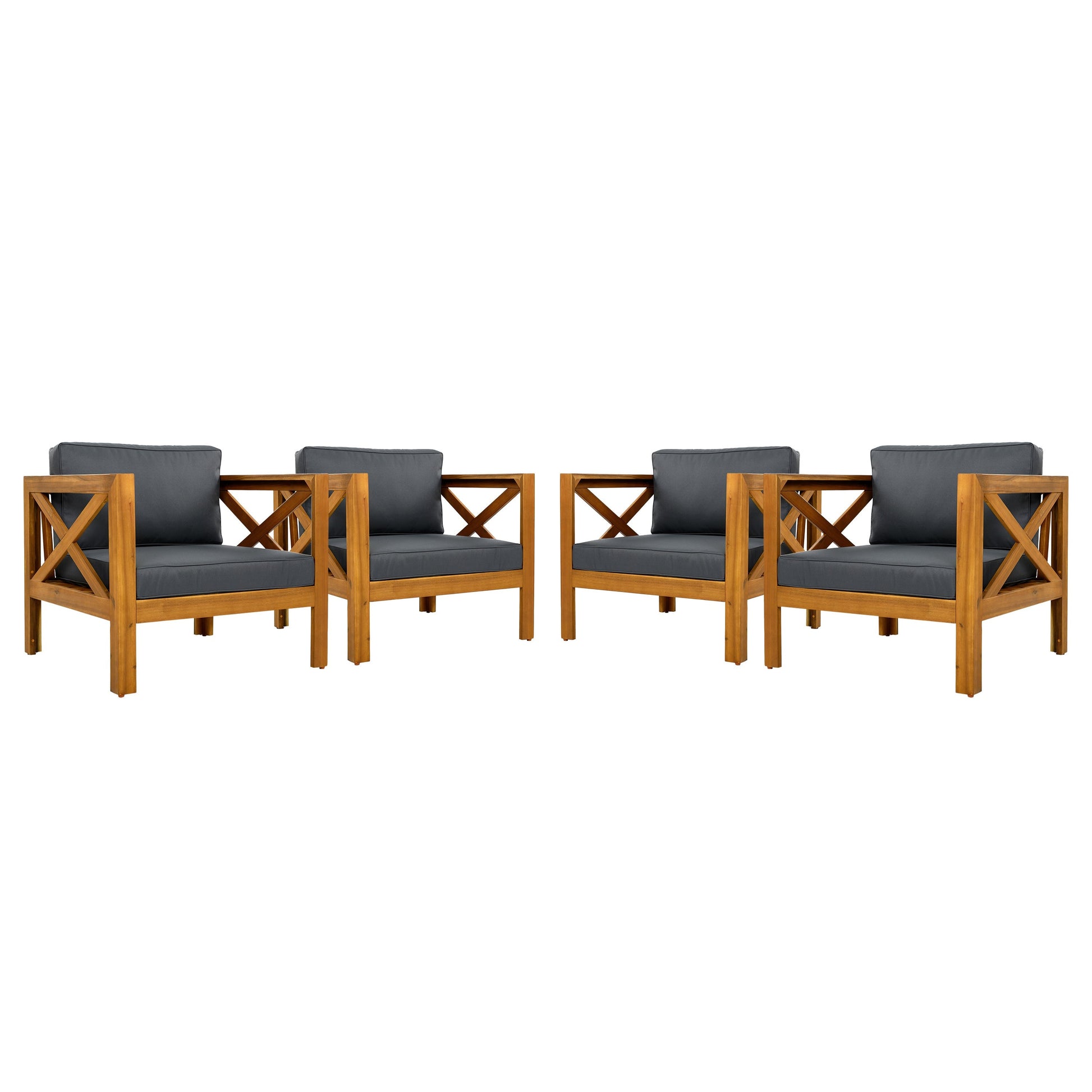 Patio conversation set with six cushioned grey outdoor club chairs and a foldable acacia wood table on Tampa Home & Garden Store