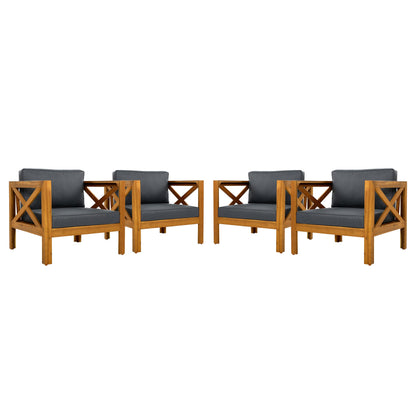 Patio conversation set with six cushioned grey outdoor club chairs and a foldable acacia wood table on Tampa Home & Garden Store