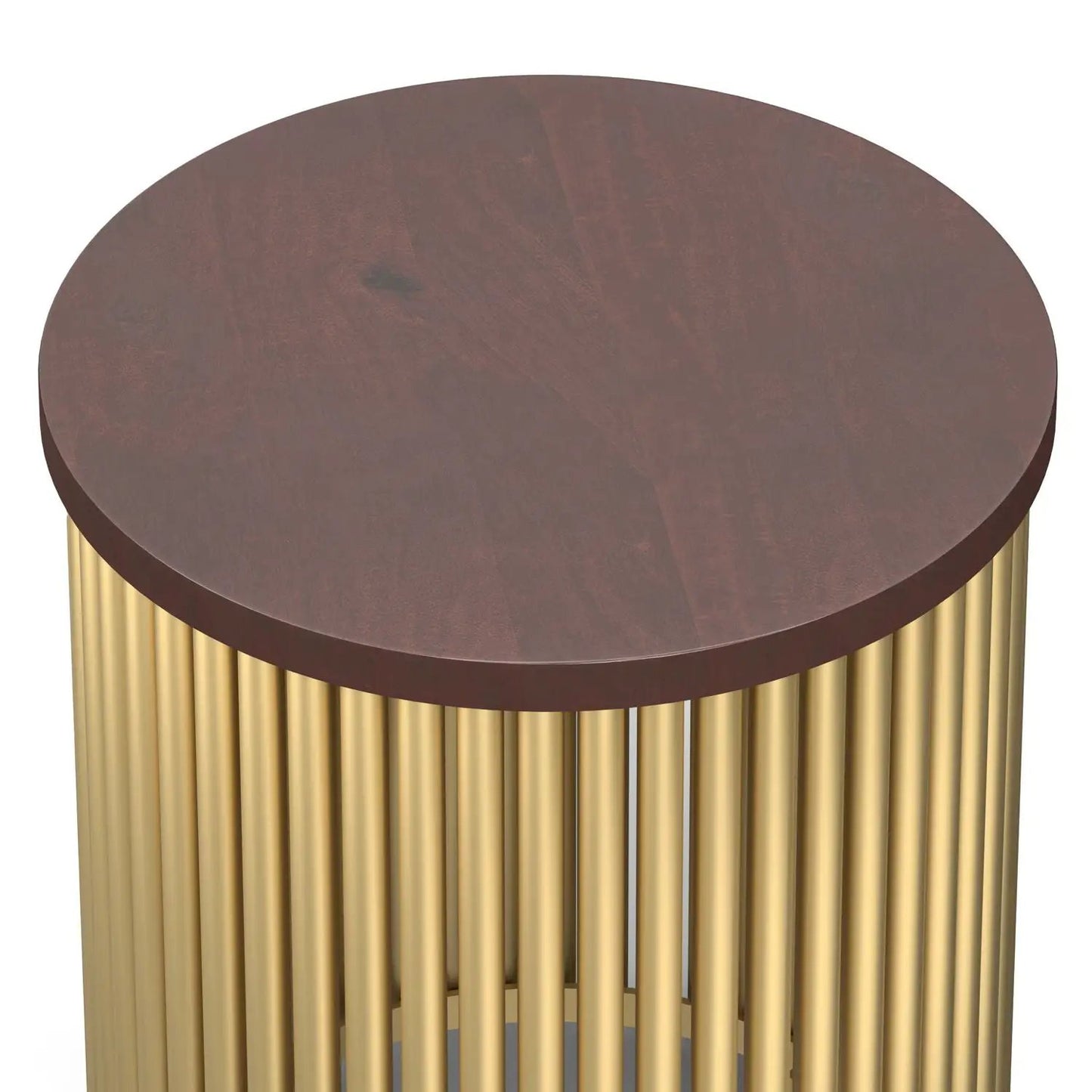Round wood-top Demy Handcrafted Metal Accent Table with gold cylindrical pedestal base on Tampa Home & Garden Store