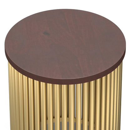 Round wood-top Demy Handcrafted Metal Accent Table with gold cylindrical pedestal base on Tampa Home & Garden Store