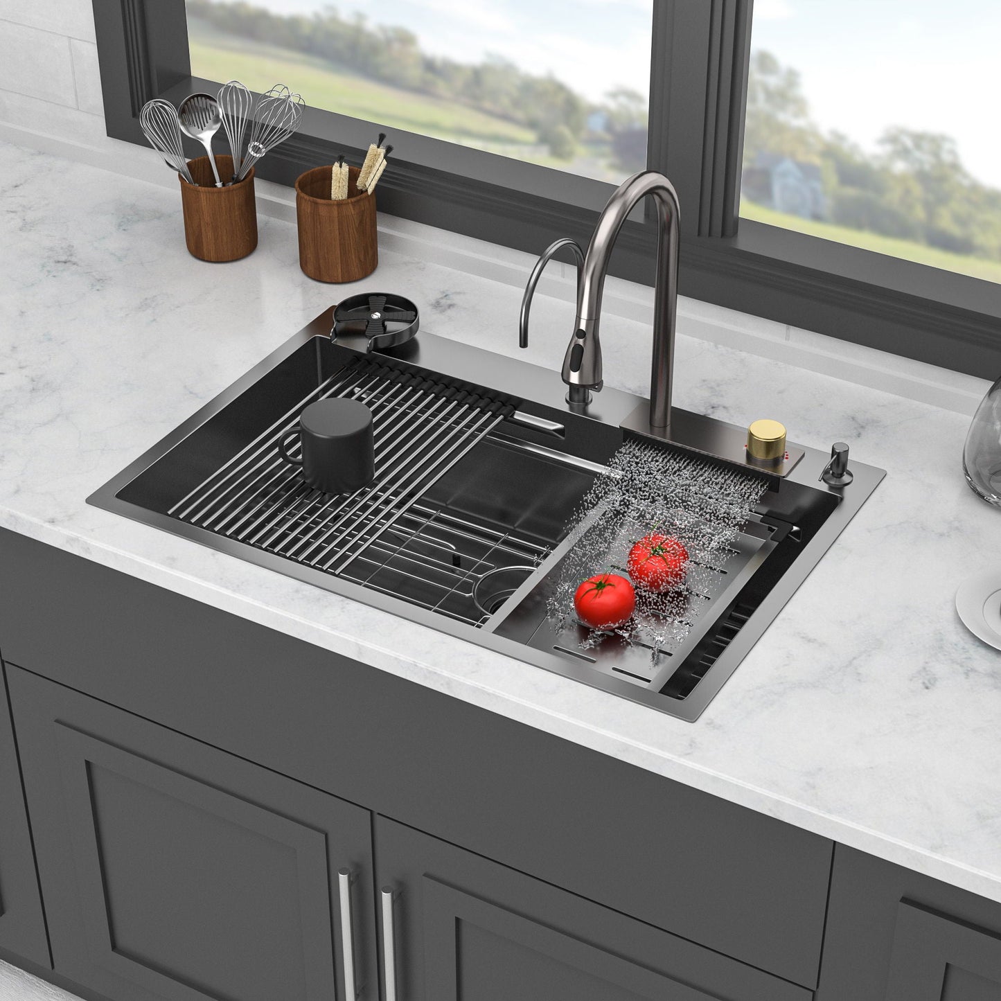 Brushed Waterfall Sink with Faucet and Cup Washer