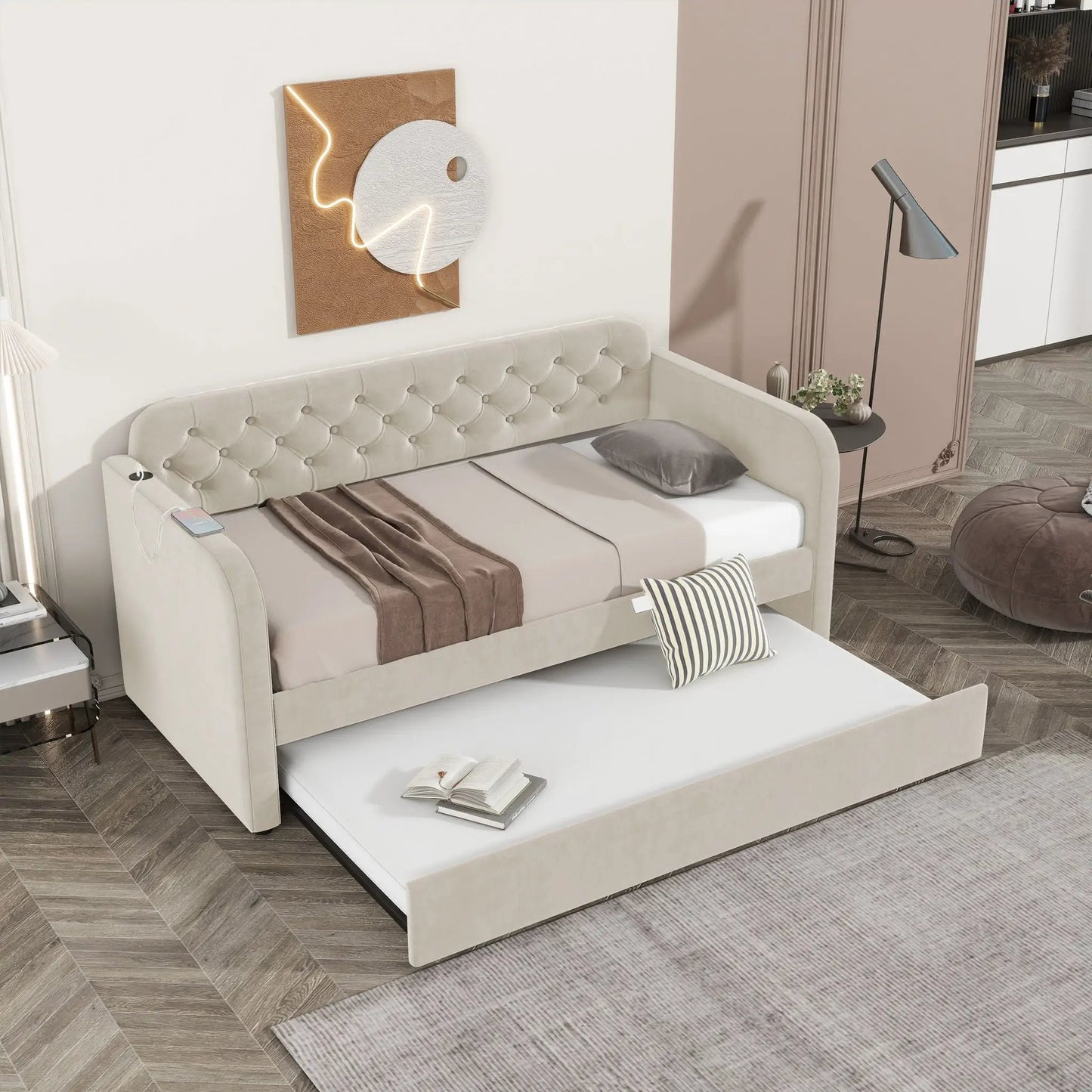 Upholstered Daybed With Trundle And USB Charging