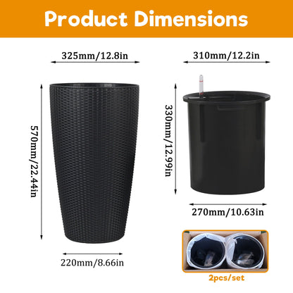 Two black wicker tall planters with water level monitor and auto watering by HouseOfZazla on Tampa Home & Garden Store