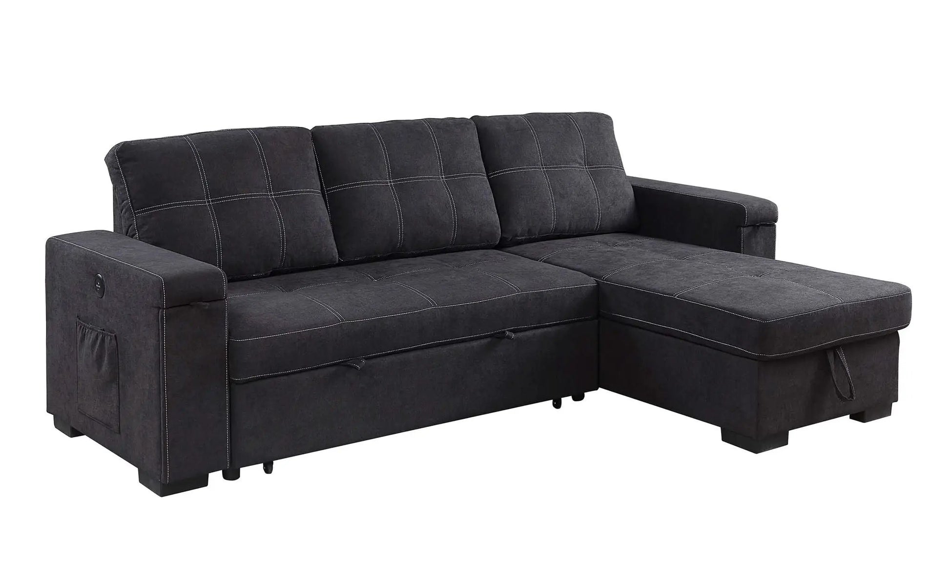 Toby woven fabric sleeper sectional with storage chaise in dark charcoal, stitched back cushions on Tampa Home & Garden Store