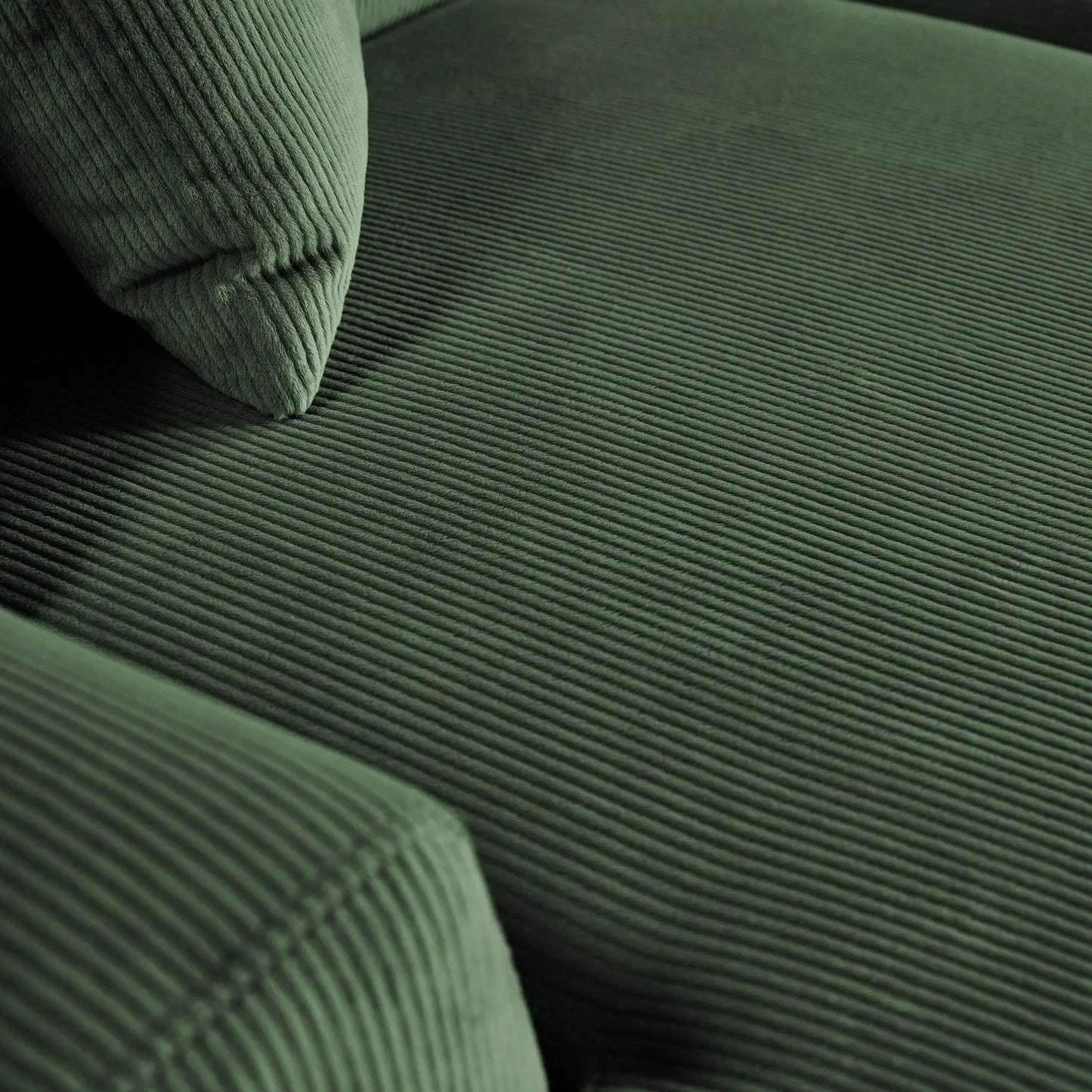 Mar high-quality stationary sectional sofa green corduroy upholstery close-up on Tampa Home & Garden Store