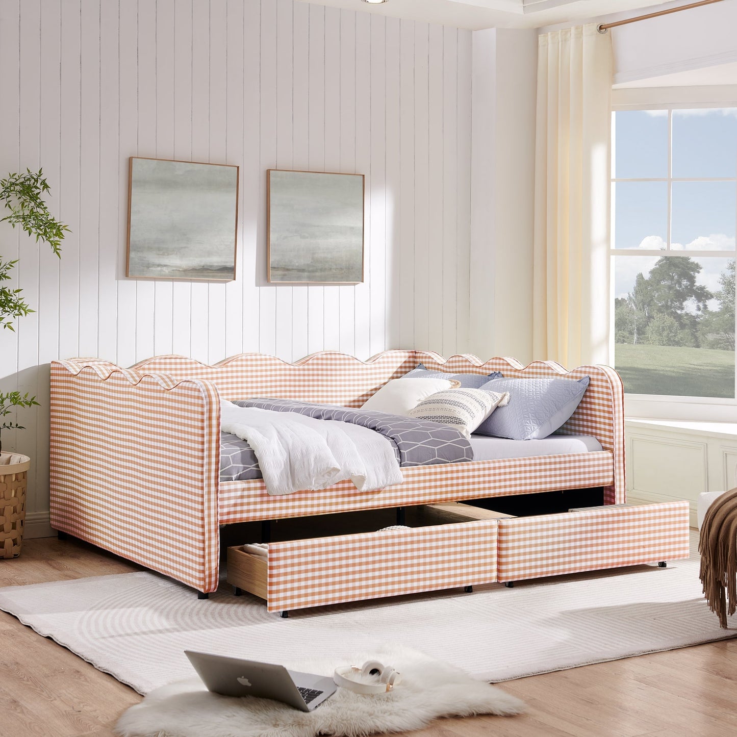 Queen Gingham Daybed with USB Port and Drawers