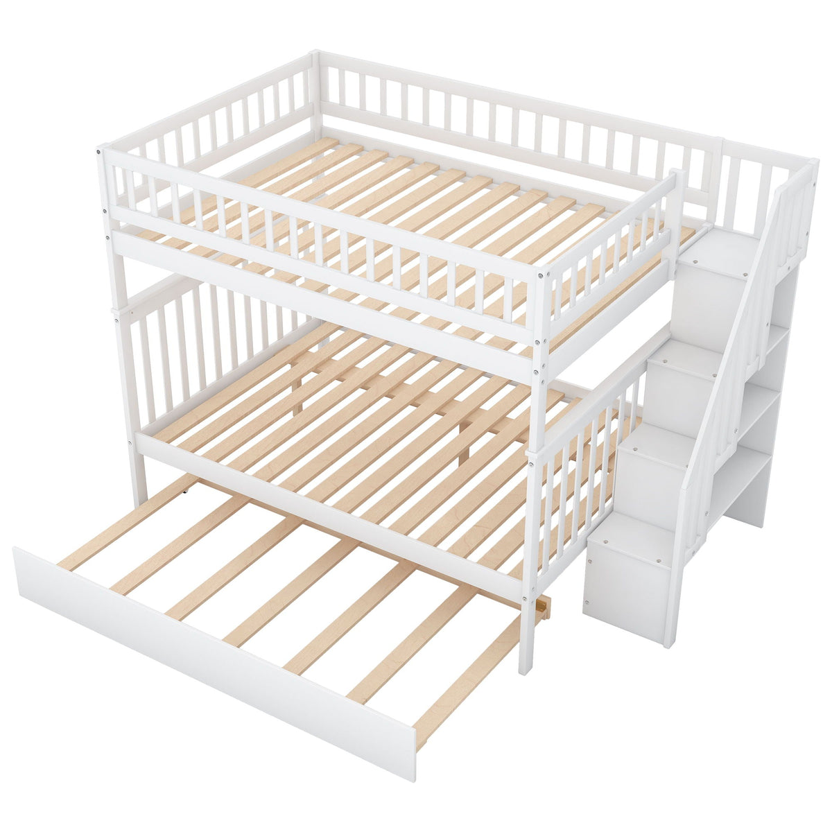 Bunk Bed With Staircase by HouseOfZazla, white frame with natural wood slats and right stairs on Tampa Home & Garden Store