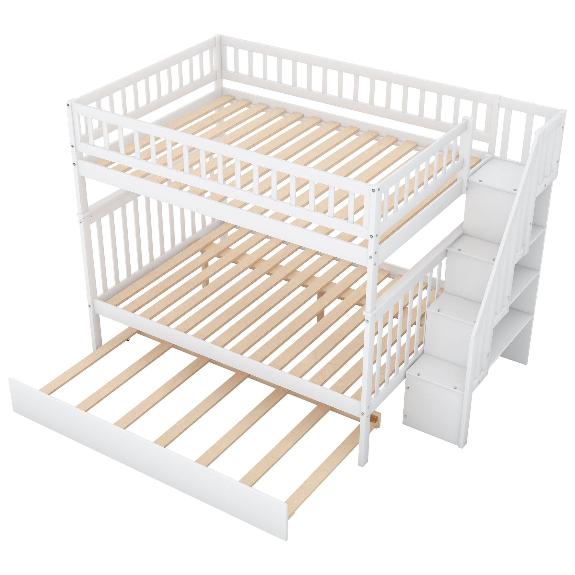 Bunk Bed With Staircase by HouseOfZazla, white frame with natural wood slats and right stairs on Tampa Home & Garden Store