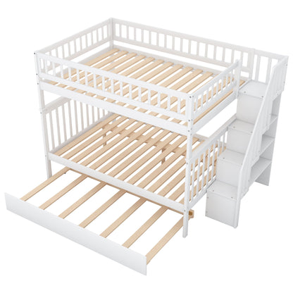 Bunk Bed With Staircase by HouseOfZazla, white frame with natural wood slats and right stairs on Tampa Home & Garden Store