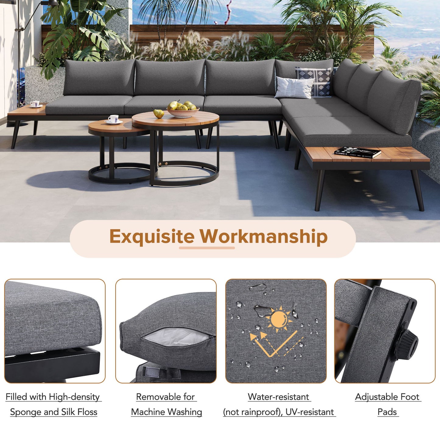 Modern Outdoor Sectional Sofa Set with Nesting Coffee Tables, 6-Piece by HouseOfZazla on Tampa Home & Garden Store