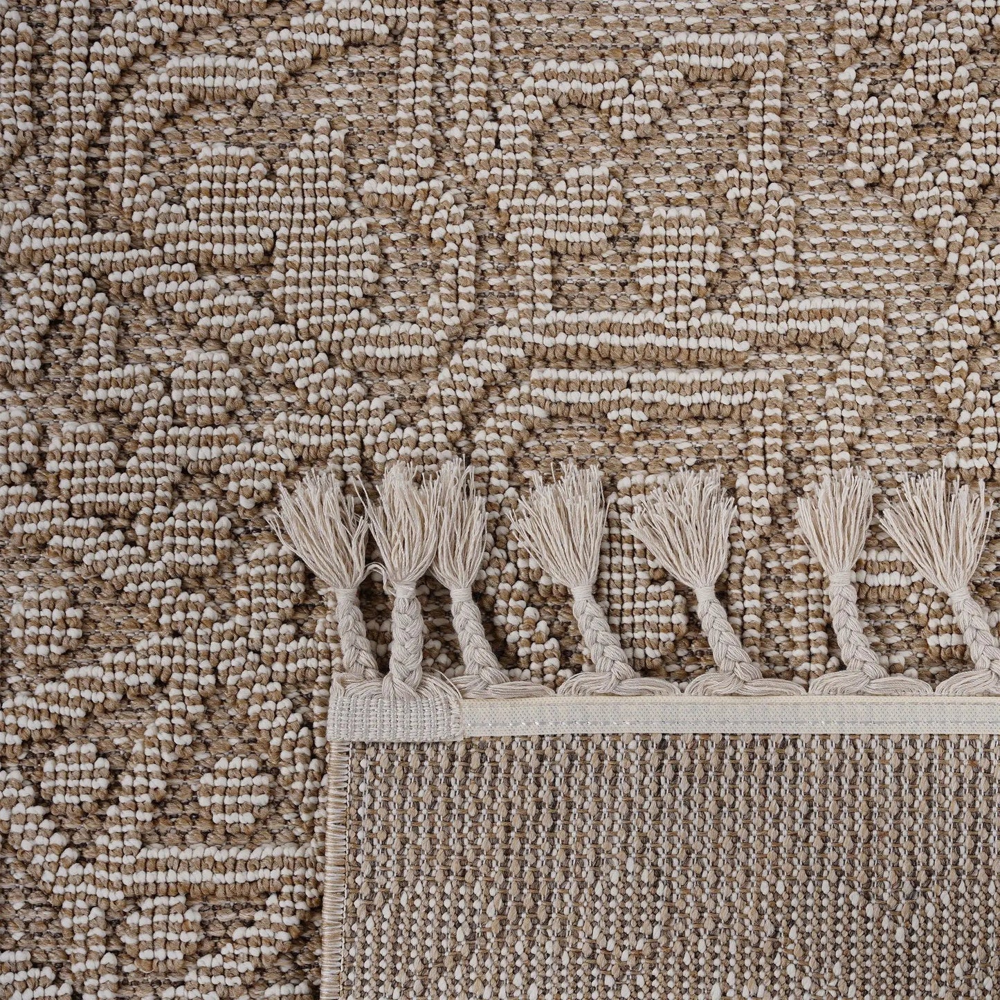Guros medallion indoor/outdoor area rug in beige-tan with fringe tassels on Tampa Home & Garden Store