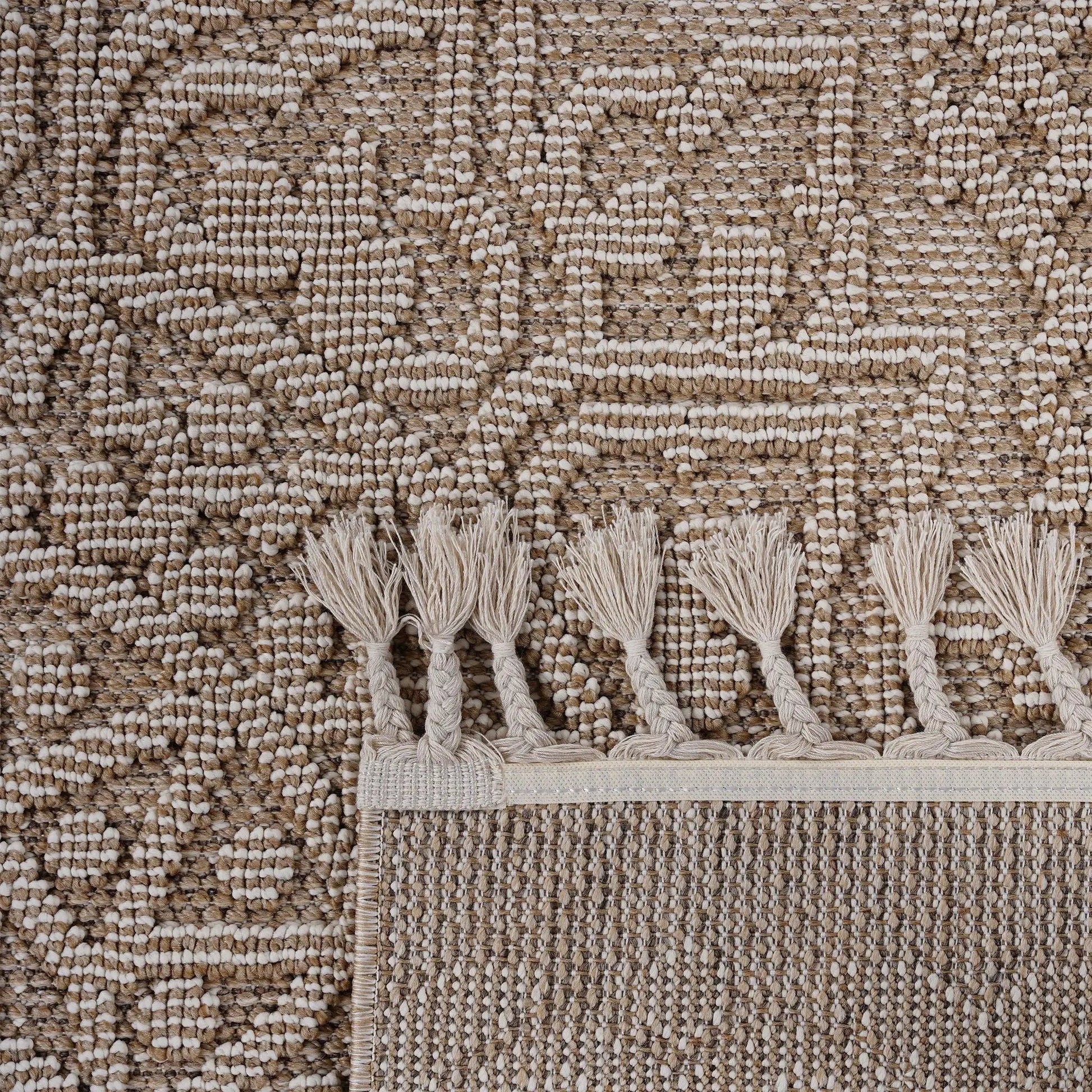 Guros medallion indoor/outdoor area rug in beige-tan with fringe tassels on Tampa Home & Garden Store