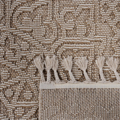 Guros medallion indoor/outdoor area rug in beige-tan with fringe tassels on Tampa Home & Garden Store
