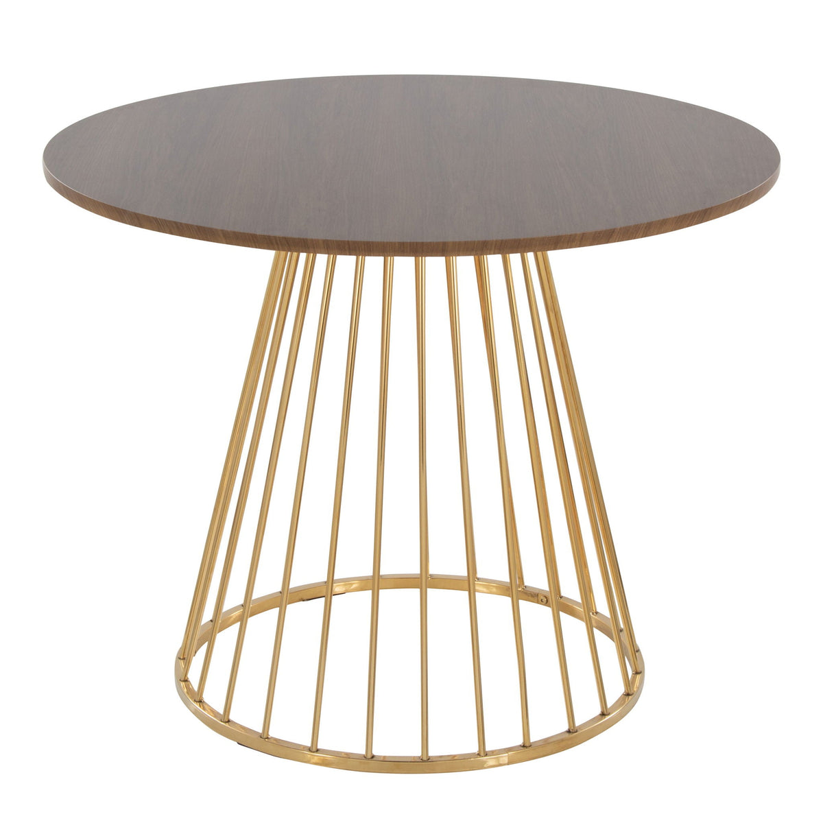 Canary Cosmo contemporary dining table with a dark round wood top and gold metal base on Tampa Home & Garden Store