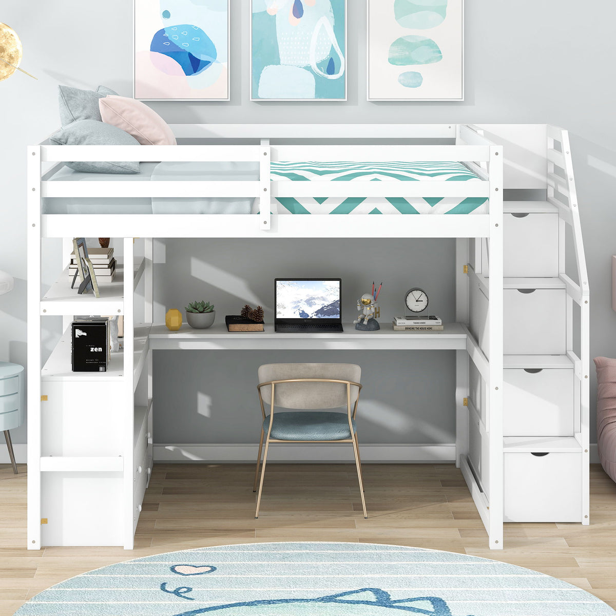 Loft Bed With Desk, Shelves, 2 Drawers, Storage Staircase by HouseOfZazla, white finish on Tampa Home & Garden Store