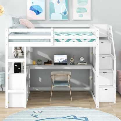 Loft Bed With Desk, Shelves, 2 Drawers, Storage Staircase by HouseOfZazla, white finish on Tampa Home & Garden Store
