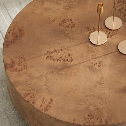 Burl wood veneer round coffee table by HouseOfZazla with warm brown grain on Tampa Home & Garden Store